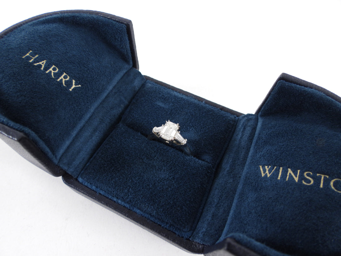 Harry Winston Platinum 1.01CT Emerald Cut Three Stone Diamond Engagement Ring