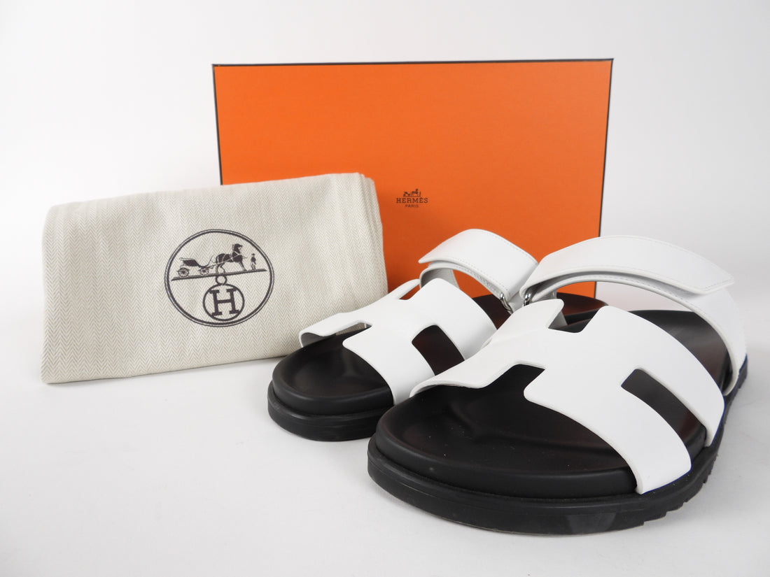 Hermes White Leather Chypre H Flat Sandals - 40 / 9