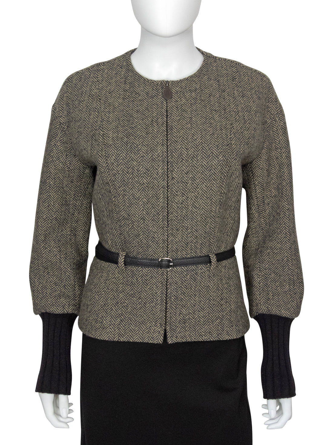 Hermes Brown Cashmere Herringbone Tweed Rib Knit Cuff Belted Jacket - F40