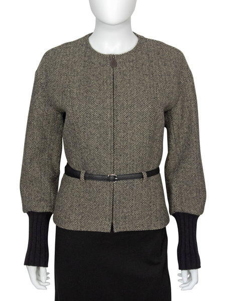 Hermes Brown Cashmere Herringbone Tweed Rib Knit Cuff Belted Jacket - F40
