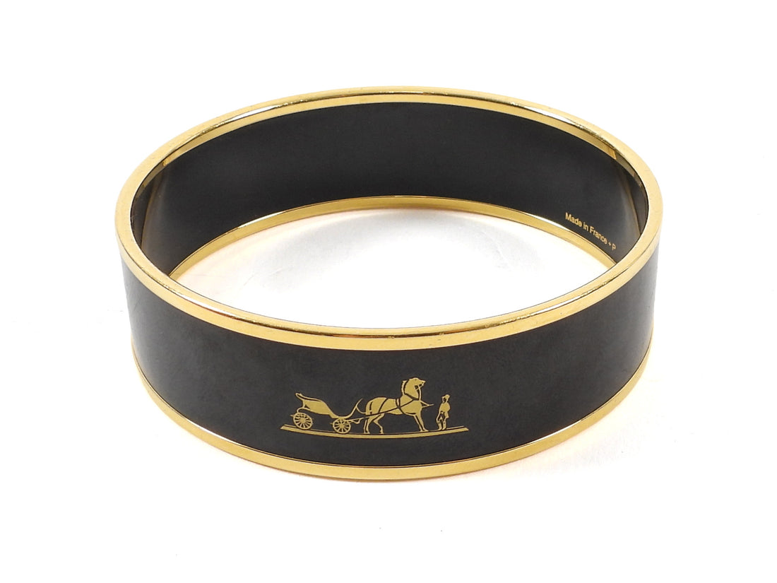 Hermes Black Gold Caleche Gold Enamel Bangle Bracelet PM