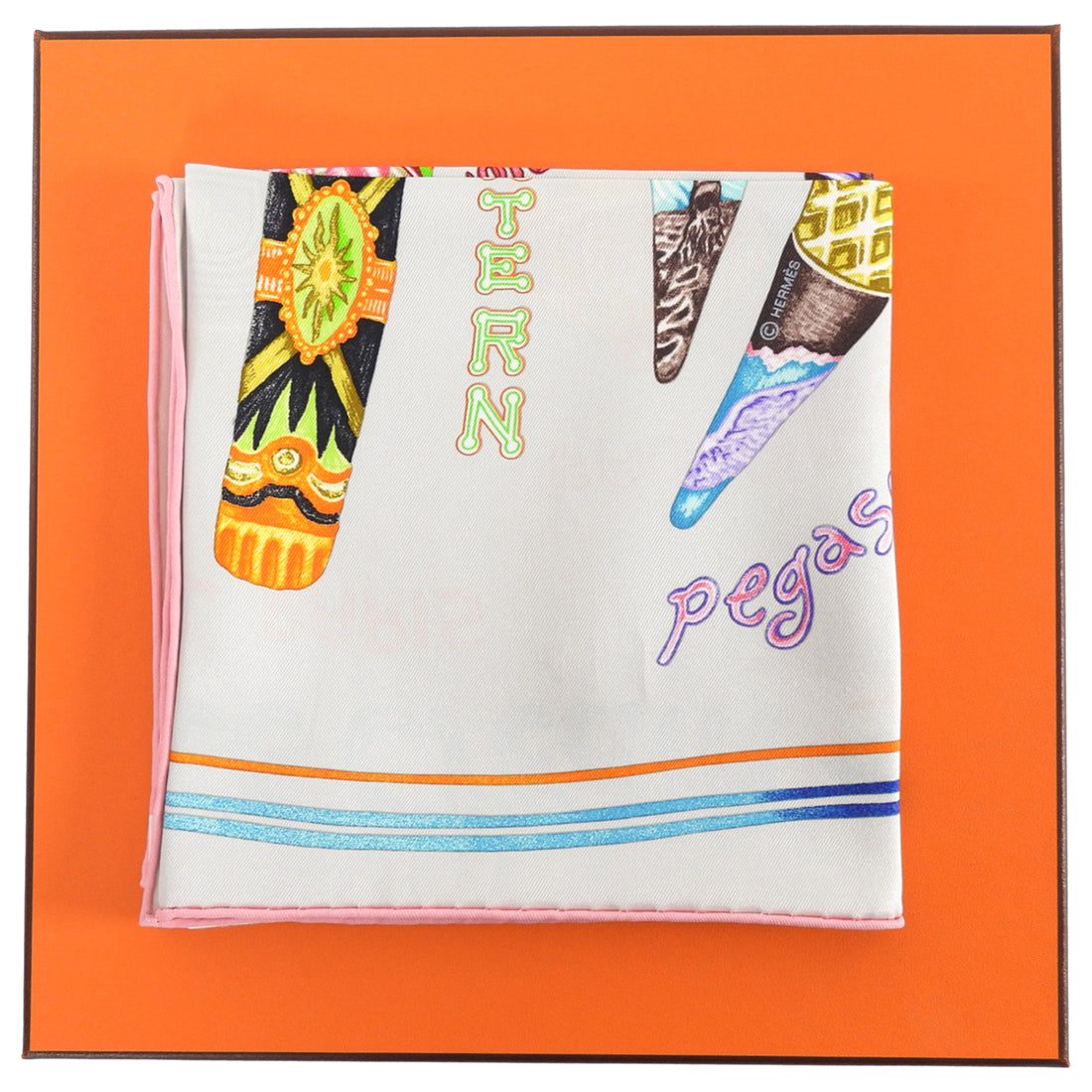 Hermes Pearl Grey Multicolor Funny Ice Cream Silk Scarf 70cm