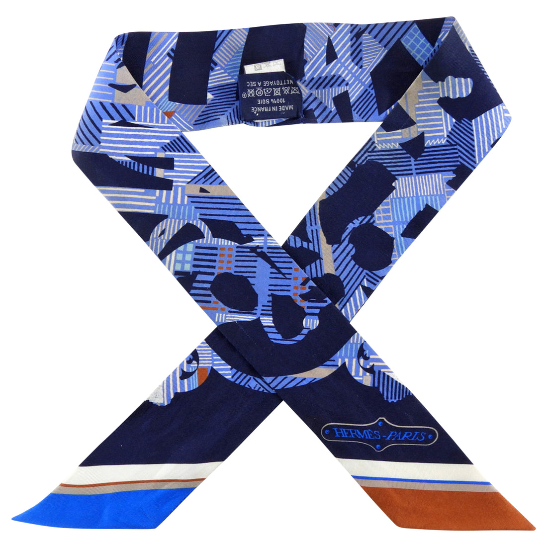 Hermes Navy Blue Brown Cavalcadour Silk Twilly Scarf