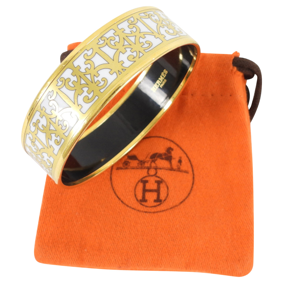 Hermes White and Gold Balcons du Guadalquivir Wide Bangle GHW