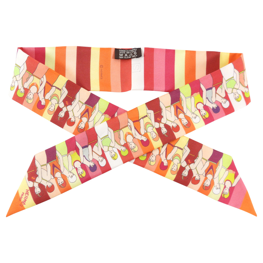 Hermes Art Deco Pink and Orange Bathers Twilly Scarf