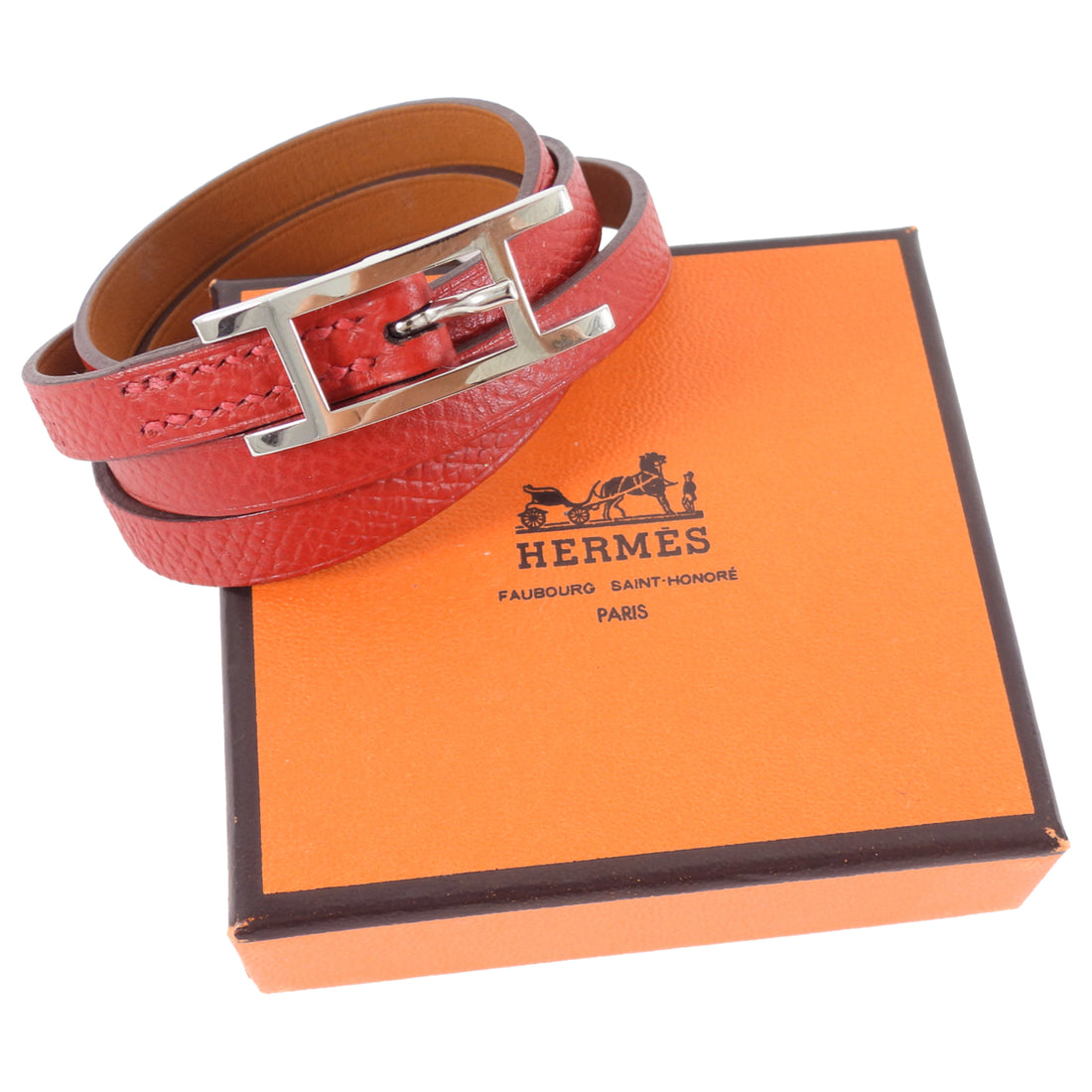 Hermes Red Epsom Leather Behapi Quad Tour Wrap Bracelet