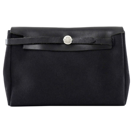 Hermes Black Canvas Toile and Leather Herbag Pochette Clutch Bag