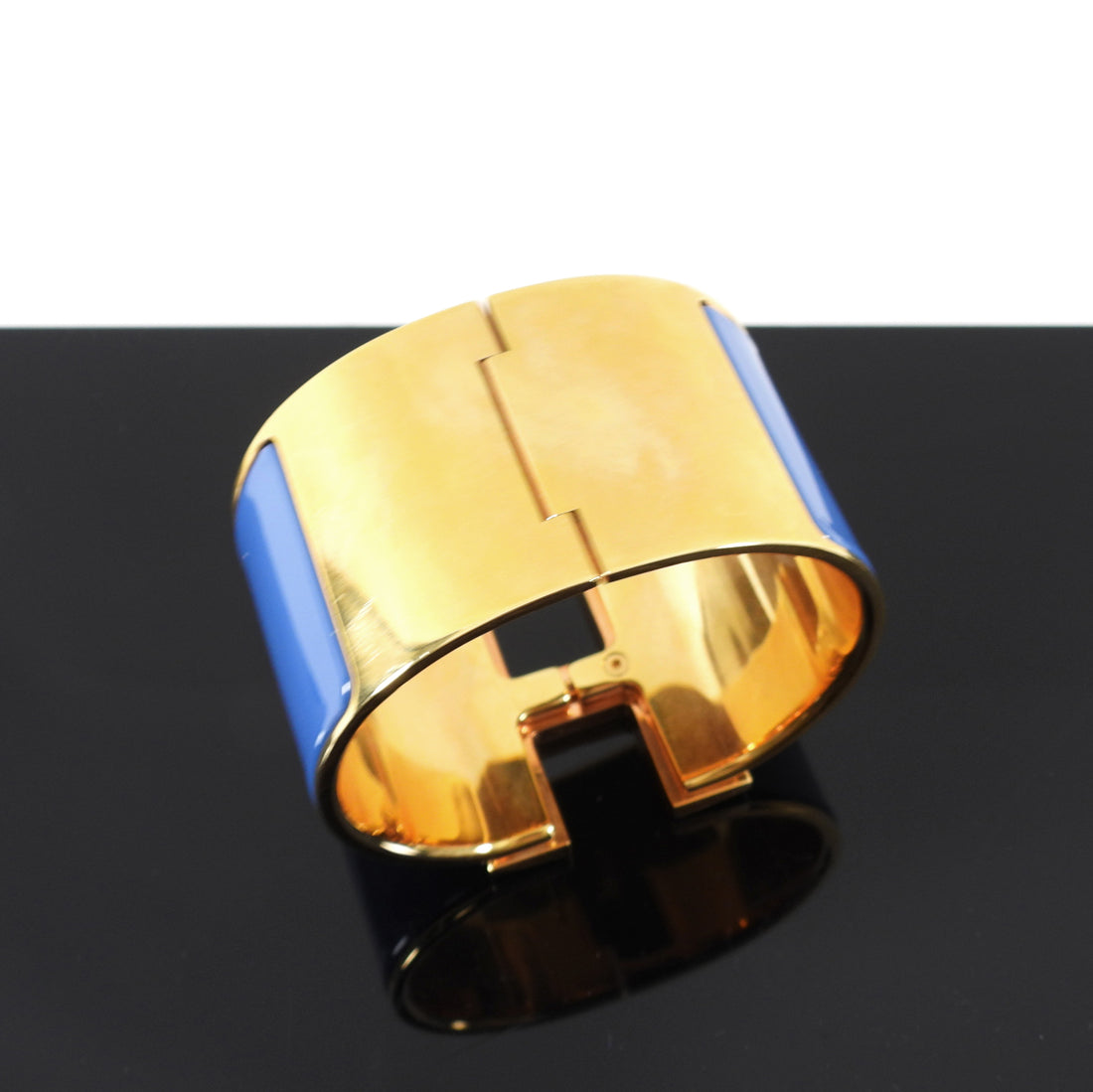 Hermes Blue Enamel and Goldtone XL H Cuff Bracelet