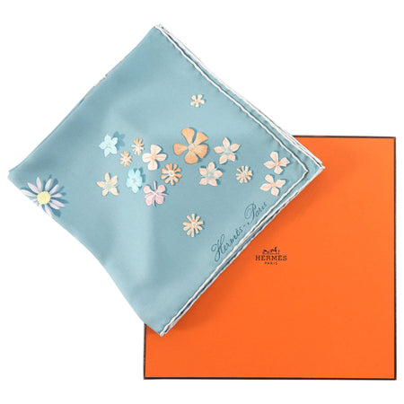 Hermes Blue Silk Floral 90cm Silk Twill Scarf