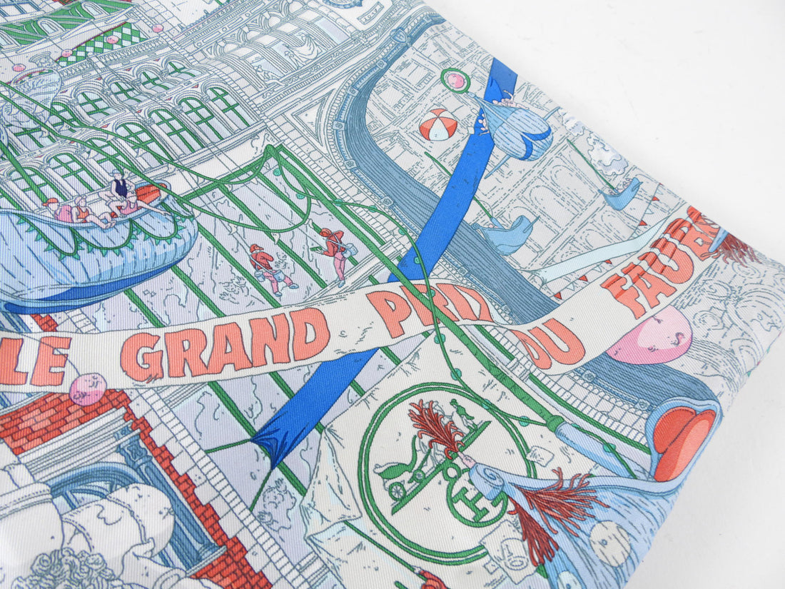 Hermes Le Grand Prix Blue White Pink Silk 90cm Scarf