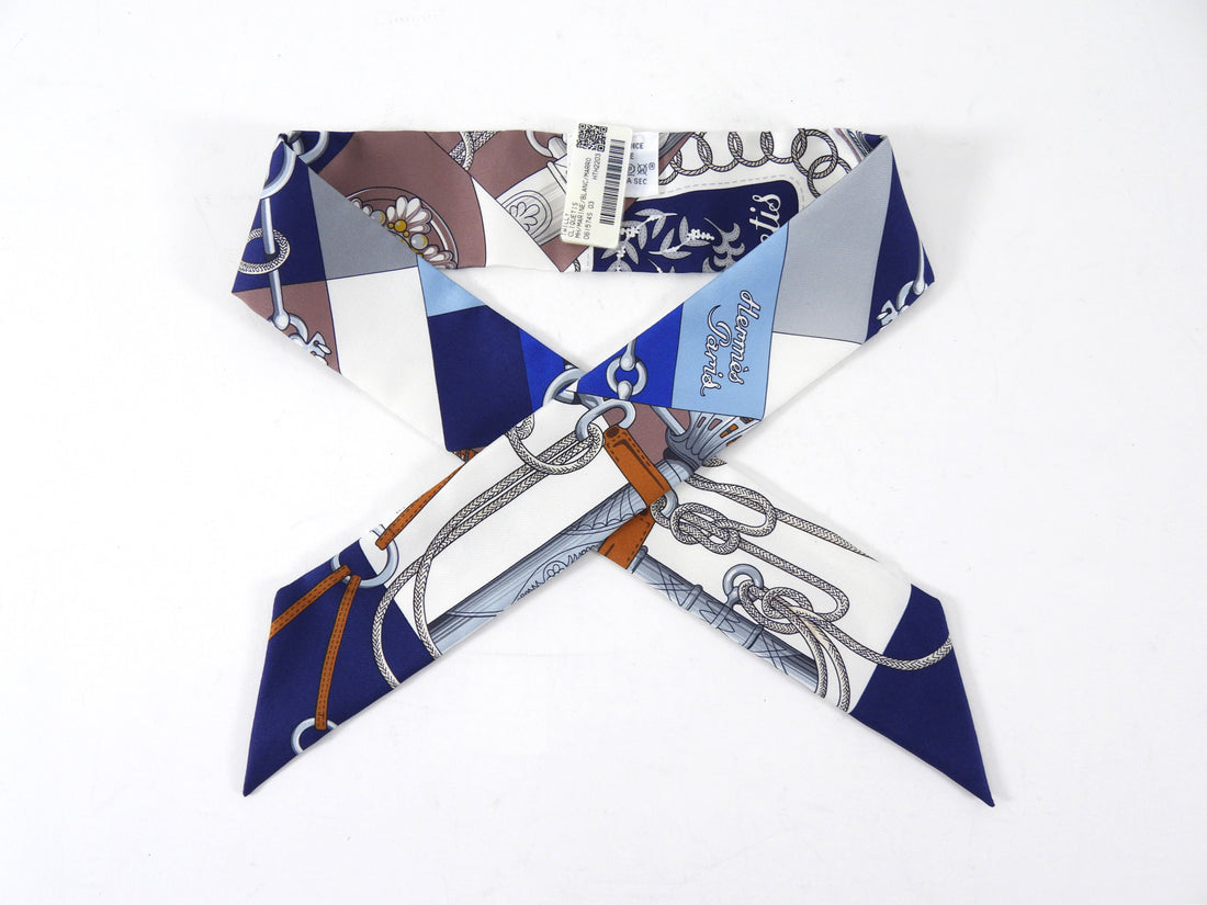 Hermes Cliquetis Twilly Silk Scarf Navy White Brown