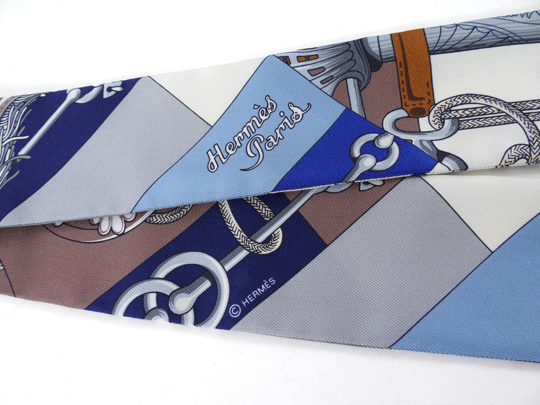 Hermes Cliquetis Twilly Silk Scarf Navy White Brown