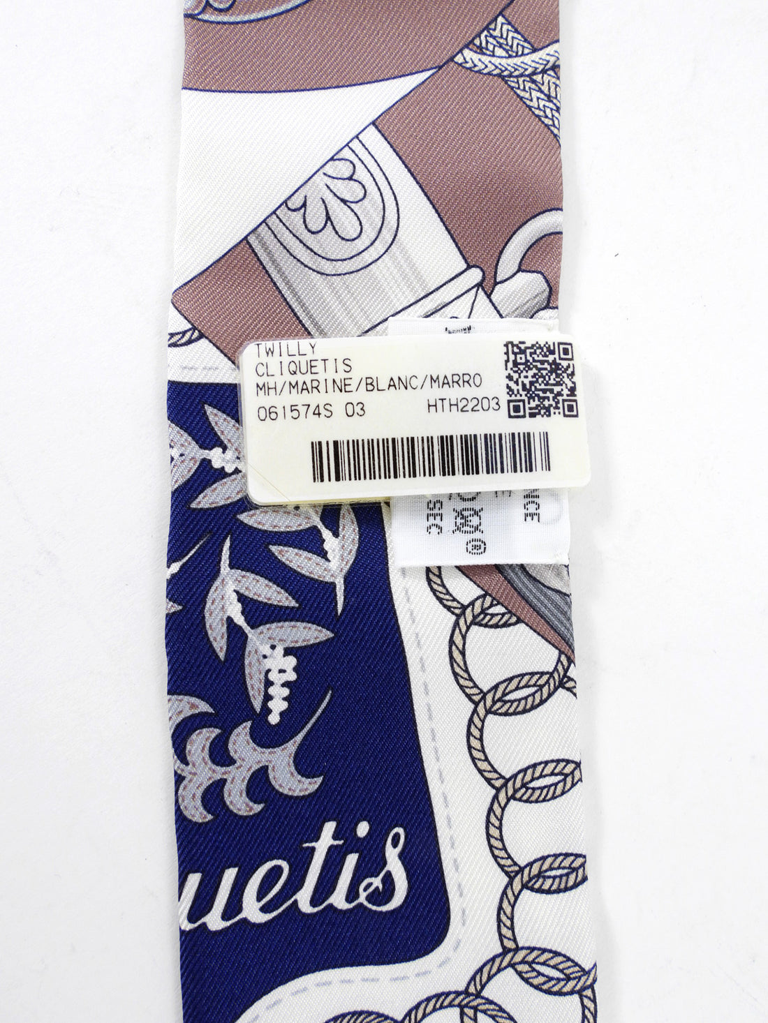 Hermes Cliquetis Twilly Silk Scarf Navy White Brown