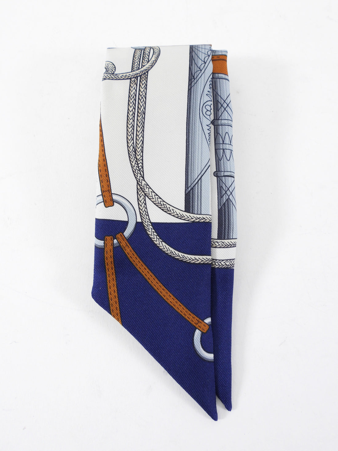 Hermes Cliquetis Twilly Silk Scarf Navy White Brown