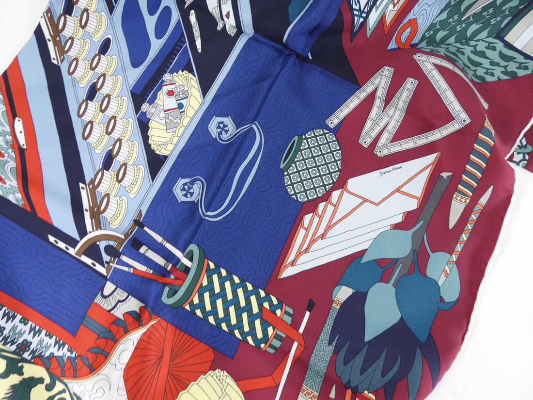 Hermes  Les Trésors d'un Artiste Burgundy / Red / Teal 90cm Silk Scarf