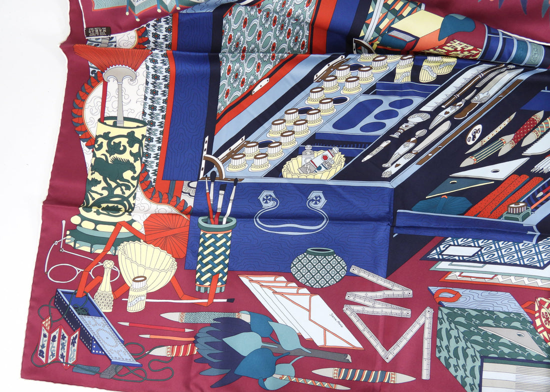 Hermes  Les Trésors d'un Artiste Burgundy / Red / Teal 90cm Silk Scarf