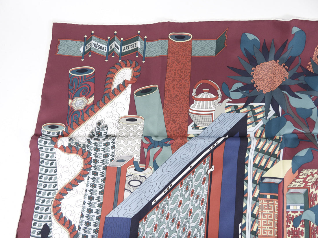 Hermes  Les Trésors d'un Artiste Burgundy / Red / Teal 90cm Silk Scarf
