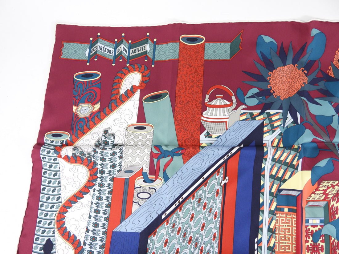 Hermes  Les Trésors d'un Artiste Burgundy / Red / Teal 90cm Silk Scarf