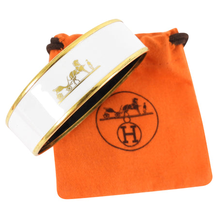 Hermes White and Gold Caleche Enamel Bangle