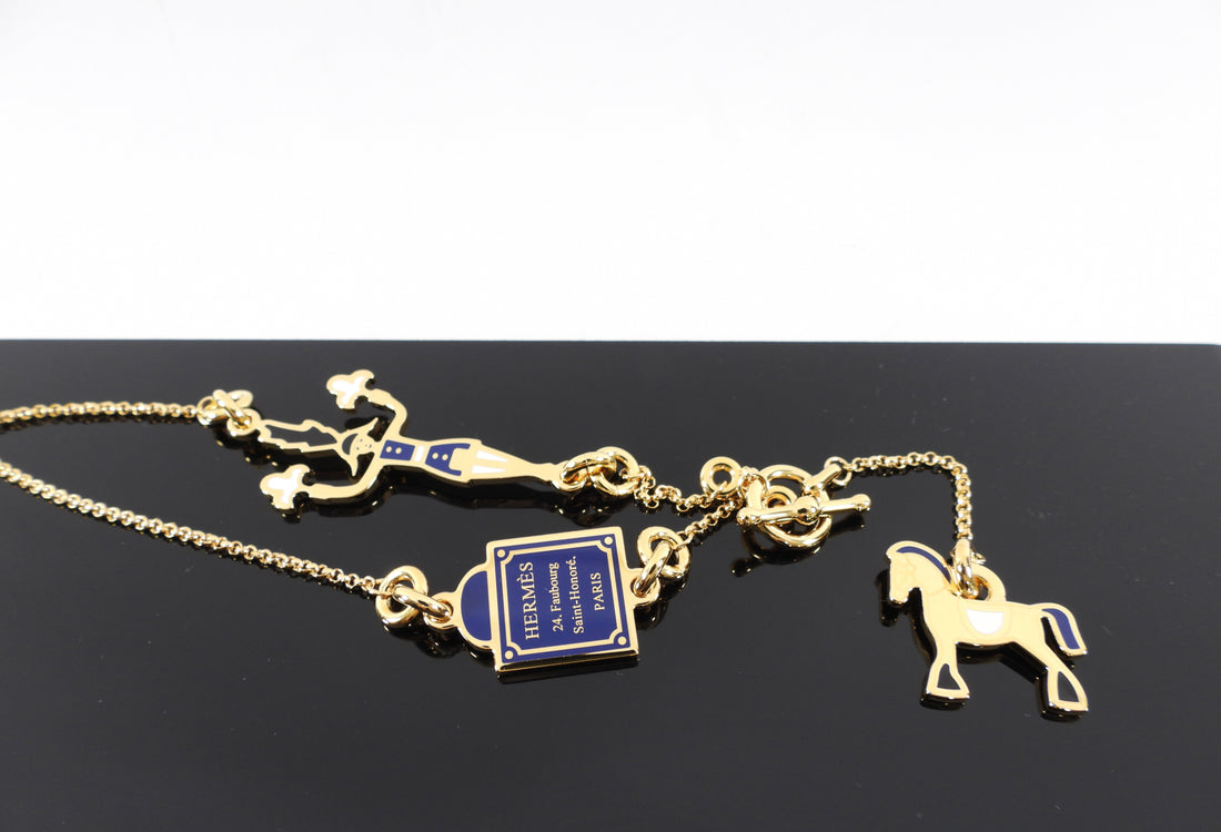 Hermes Grande Parade Cheval Gold and Blue Enamel Necklace