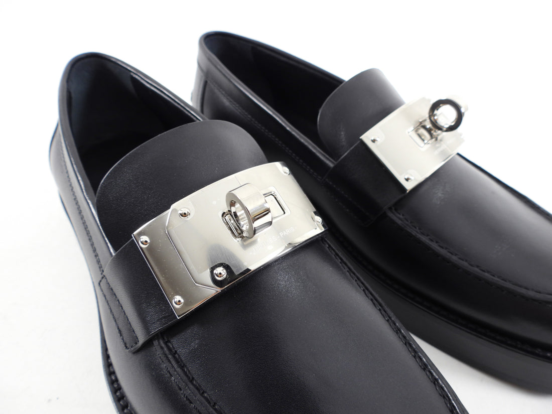 Hermes Black Leather Hot Loafer with Kelly Turn Lock - 37.5