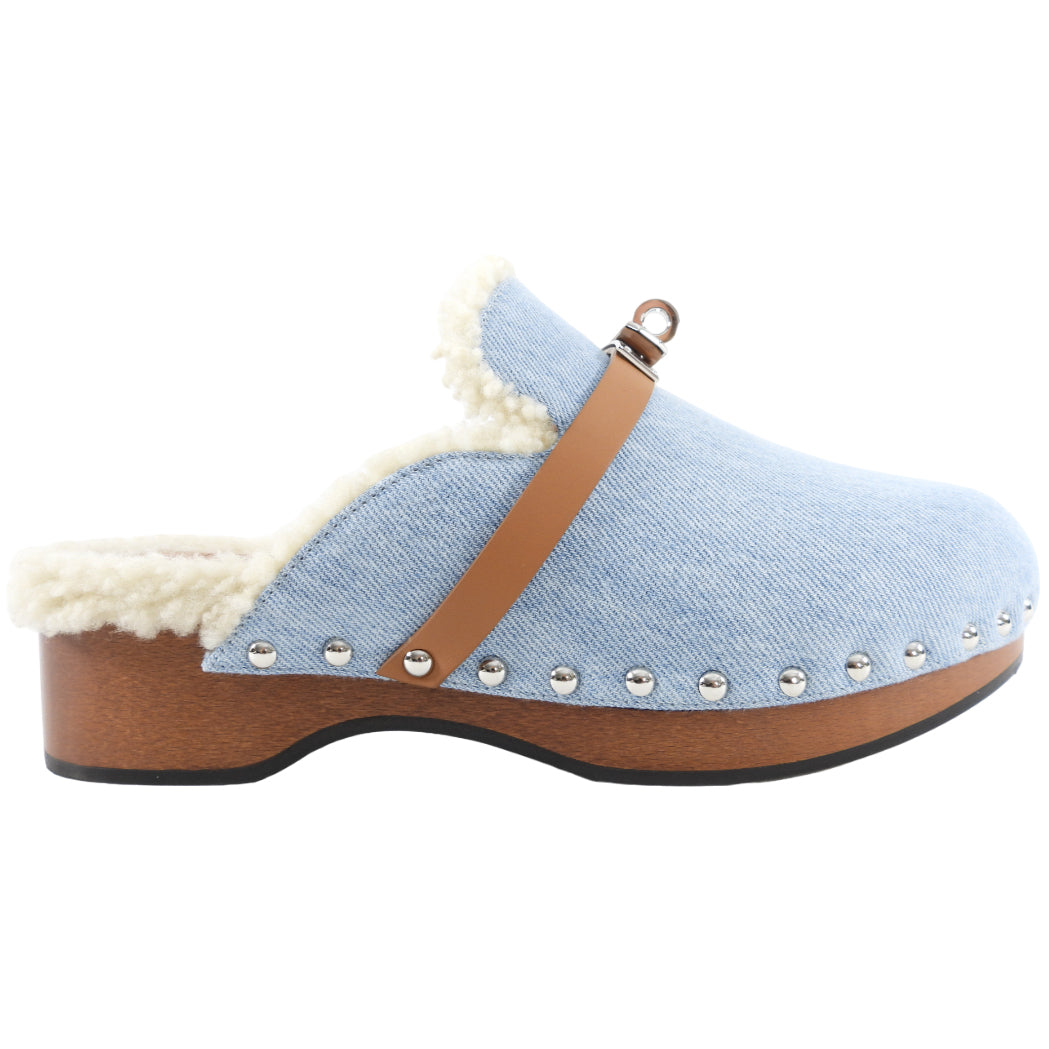 Hermes Bleu Clair Denim and Natural Leather Shearling Carlotta Mule 37