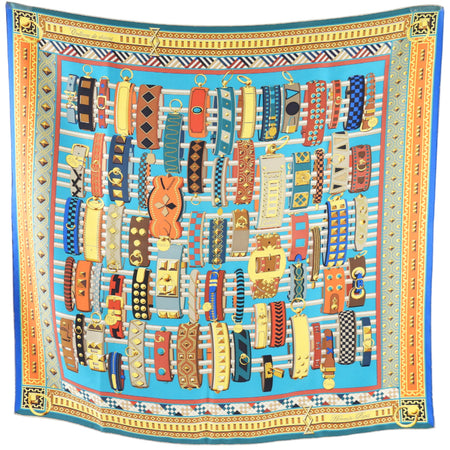 Hermes Silk Twill 90cm Scarf Colliers de Chiens Turquoise Yellow Orange