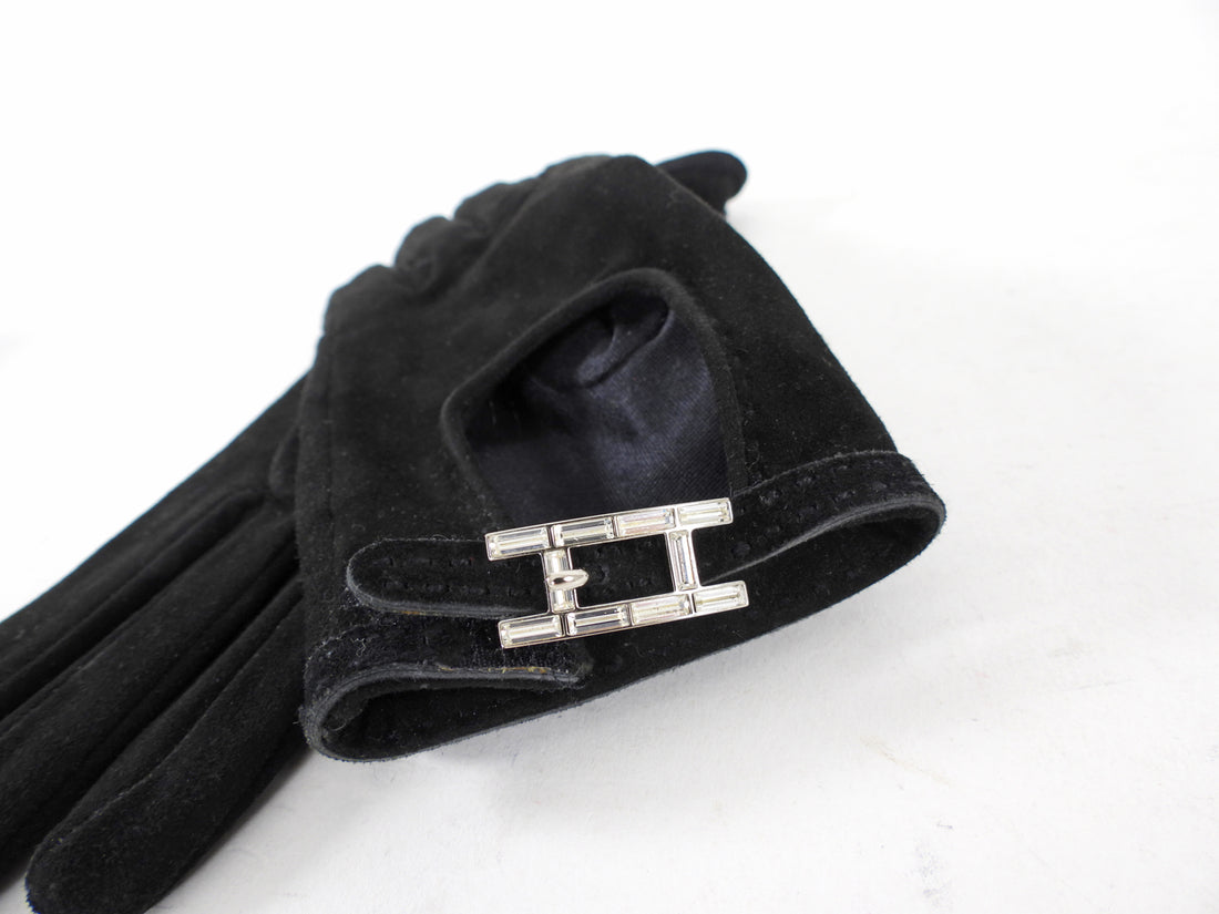 Hermes Vintage Black Suede Crystal H Buckle Gloves - XS 6.5