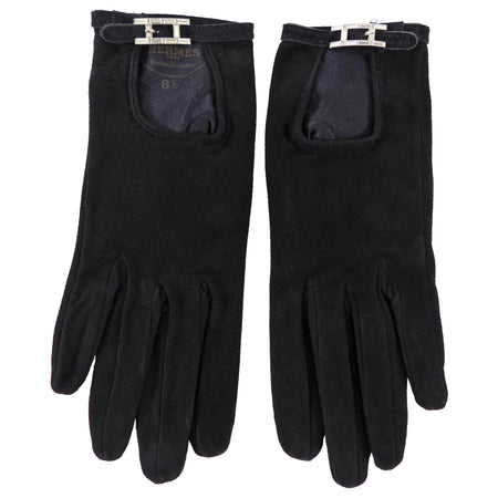 Hermes Vintage Black Suede Crystal H Buckle Gloves - XS 6.5