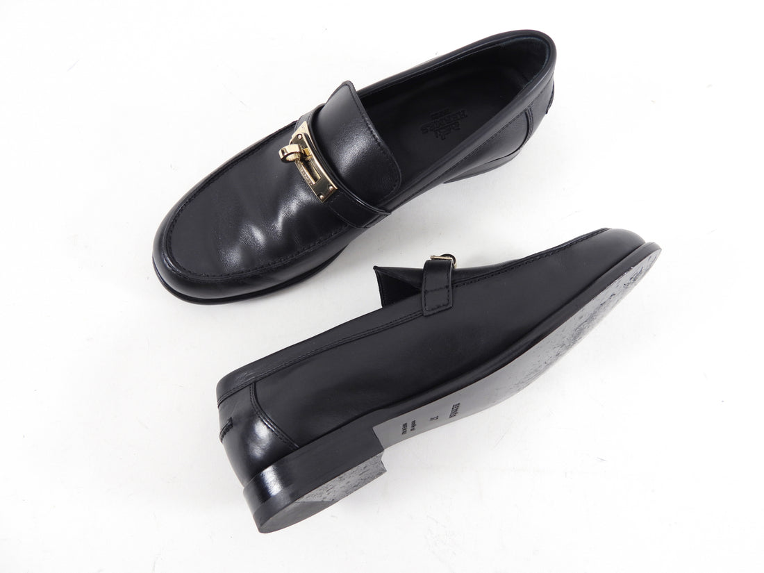 Hermes Black Leather Destin Loafer with GHW Kelly Buckle - 37