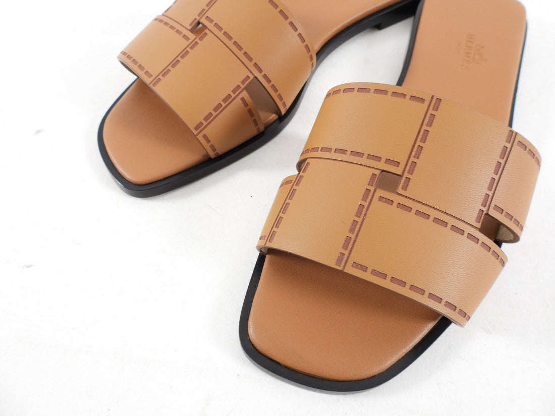 Hermes Tan Leather Flat Idioma Sandals - 37.5 / 7