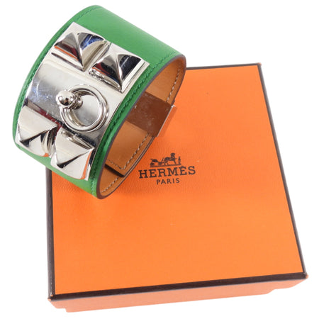 Hermes Bamboo Green Swift PHW Collier de Chien Cuff Bracelet