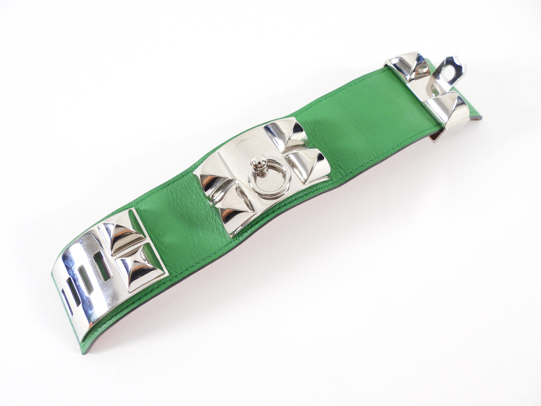 Hermes Bamboo Green Swift PHW Collier de Chien Cuff Bracelet