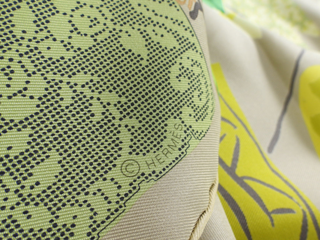 Hermes La Maison Des Oiseaux Parleurs Taupe Green Floral 90cm Silk Scarf