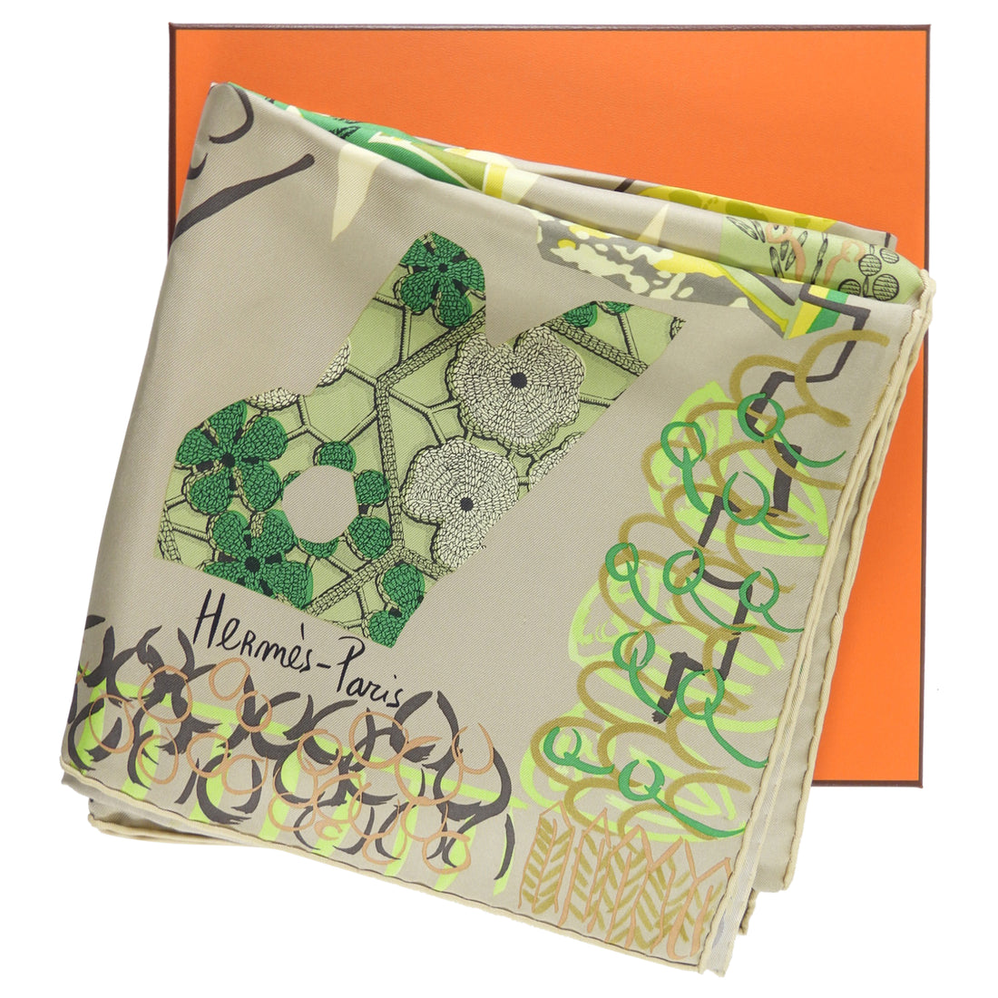 Hermes La Maison Des Oiseaux Parleurs Taupe Green Floral 90cm Silk Scarf