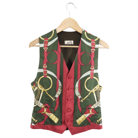Hermes Dark Green and Red Eperon D'or Vintage Silk Scarf Print Vest
