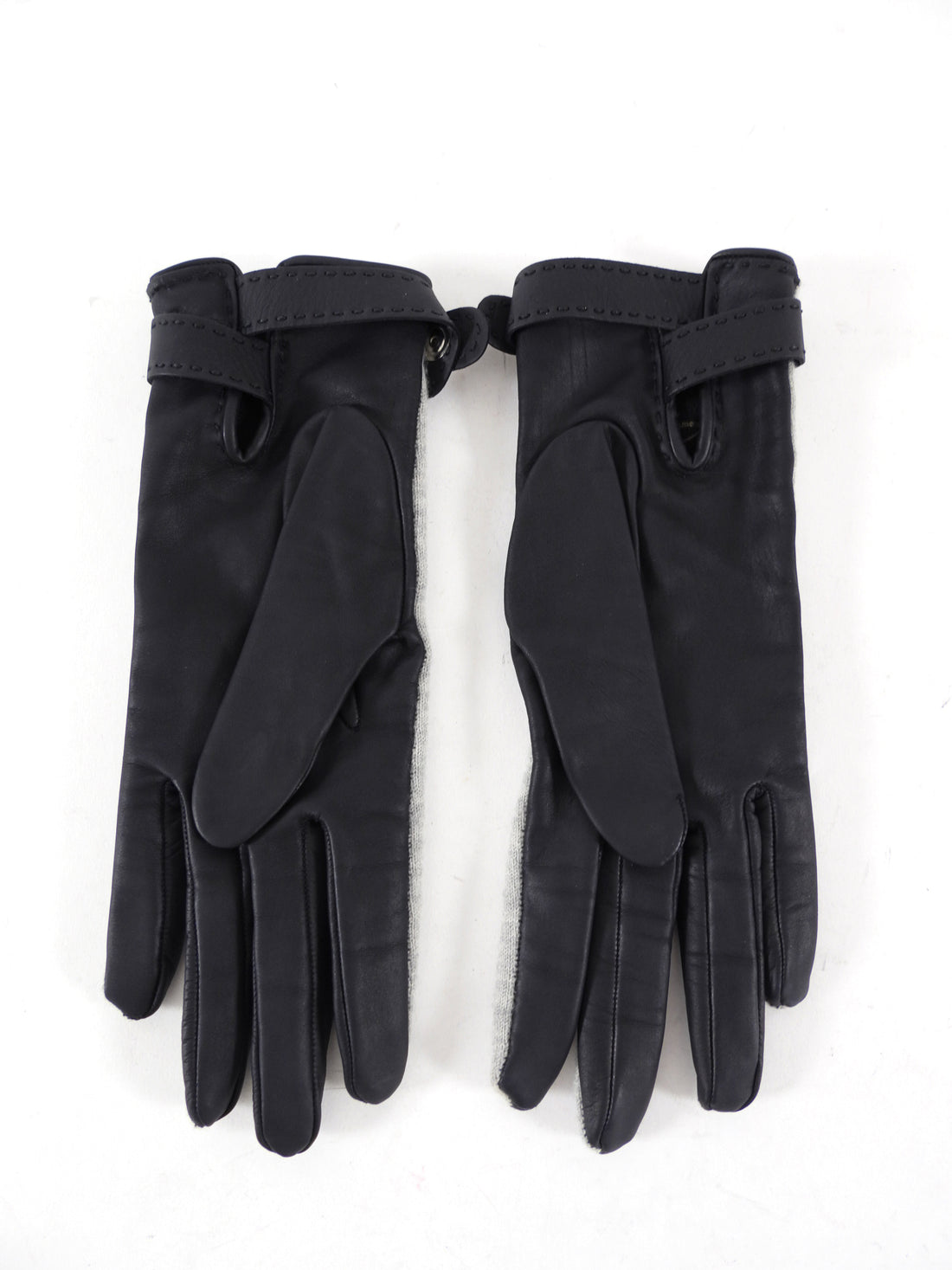 Hermes Black Leather and Grey Cashmere Clou de Selle Gloves - 6.5 / XS