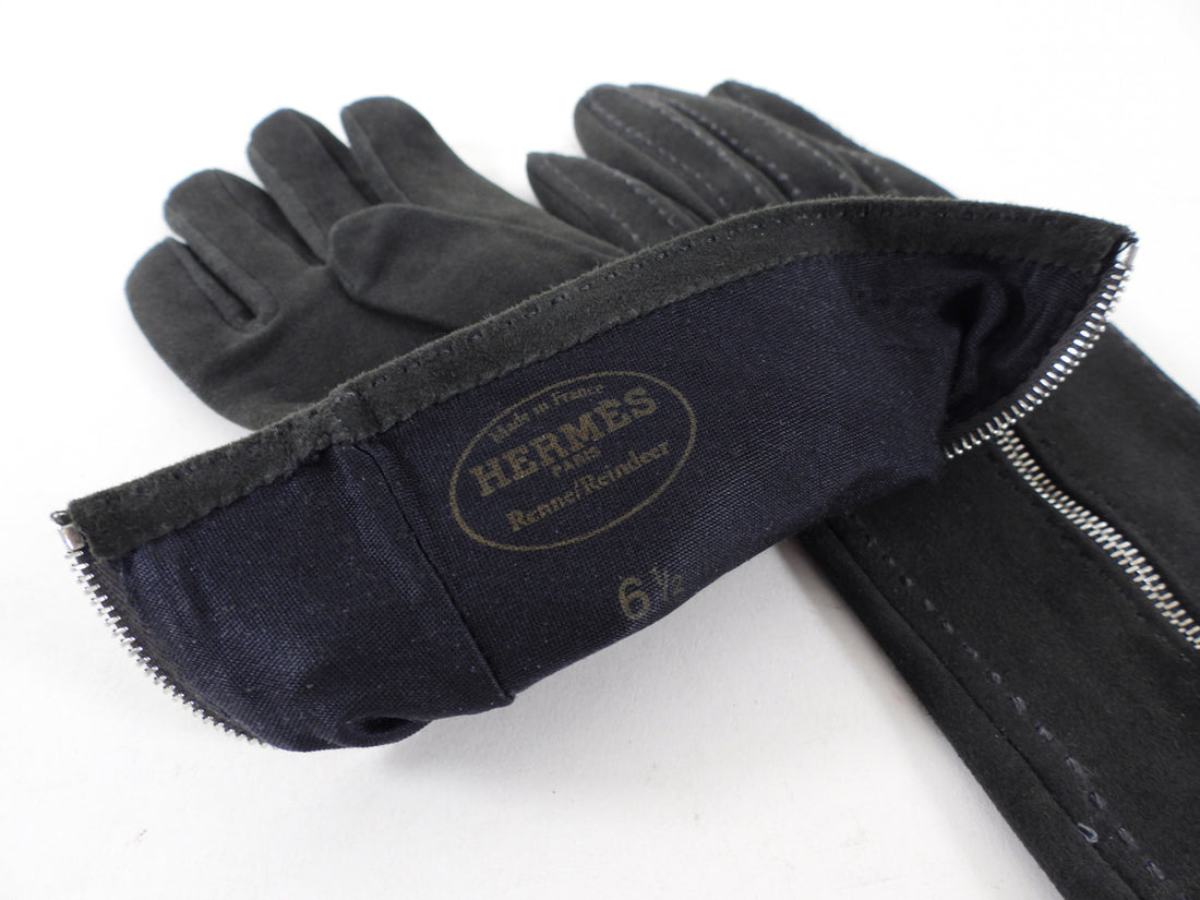 Hermes Dark Charcoal Grey Suede Zip Detail Gloves - 6.5 / XS