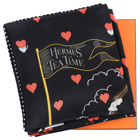 Hermes Black and Red Tea Time Hearts Silk 70mm Scarf