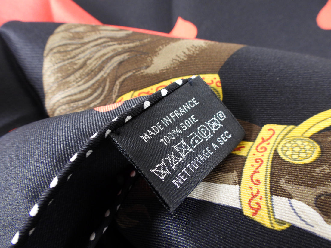 Hermes Black and Red Tea Time Hearts Silk 70mm Scarf