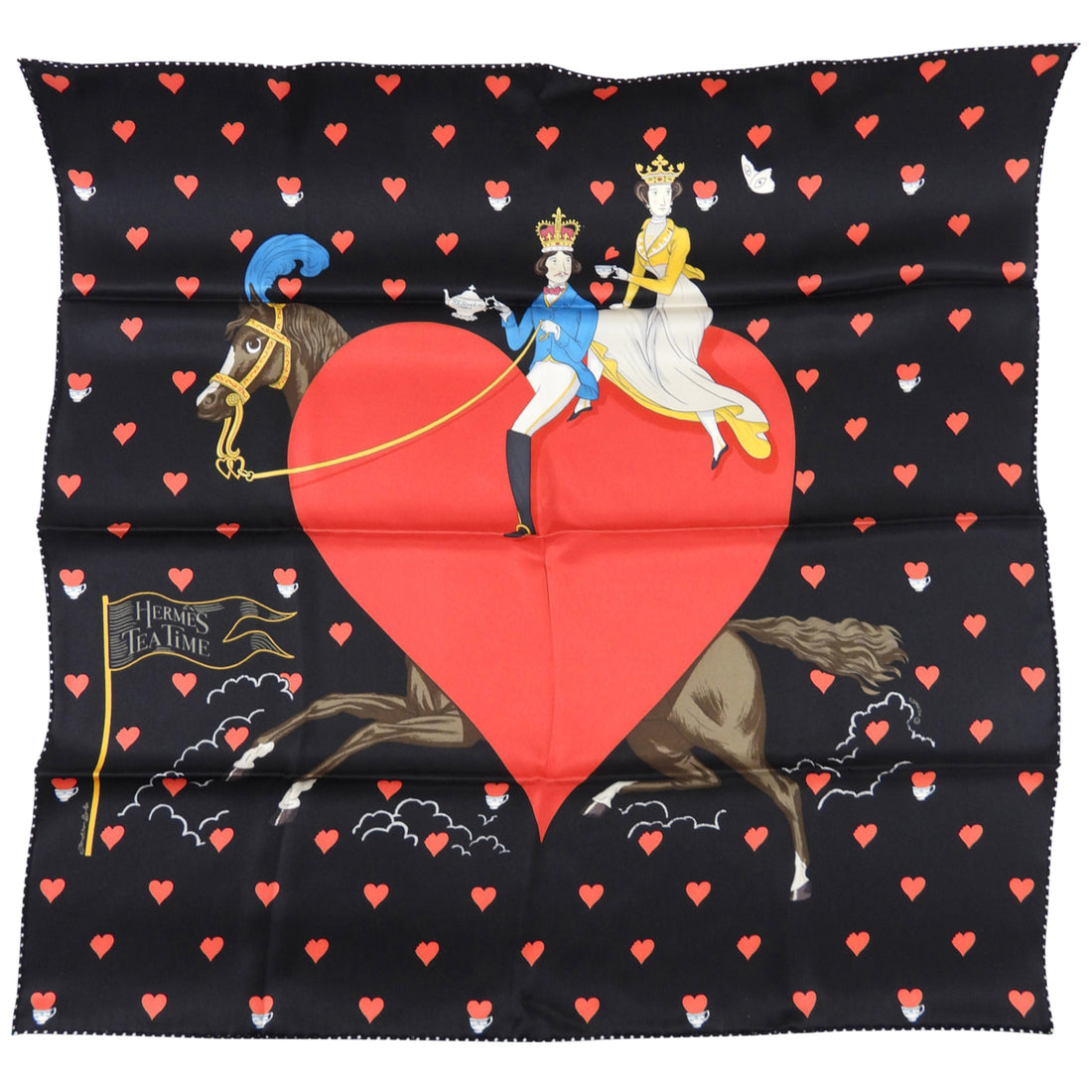Hermes Black and Red Tea Time Hearts Silk 70mm Scarf