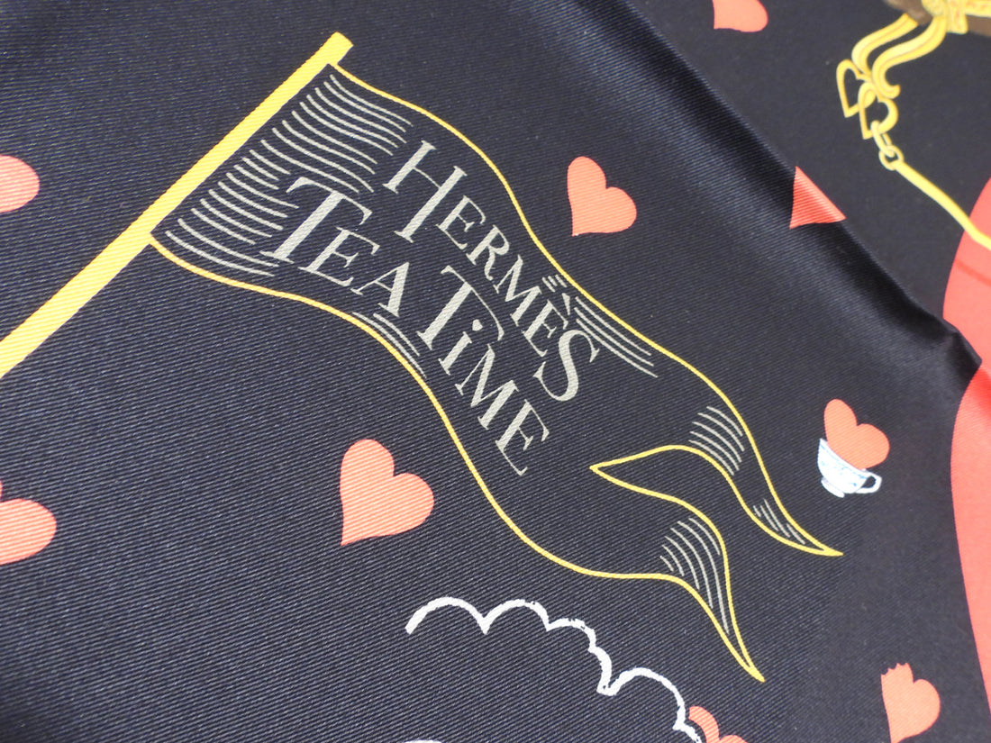 Hermes Black and Red Tea Time Hearts Silk 70mm Scarf