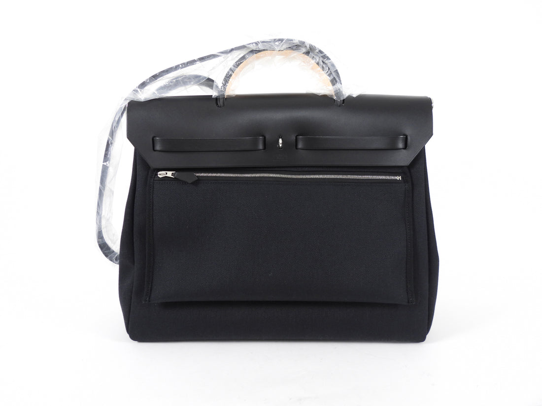 Hermes Black Leather and Toile Herbag Zip 39 Messenger Bag