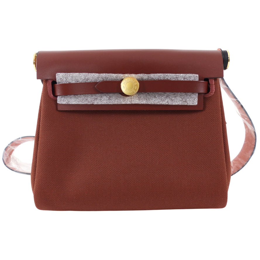 Hermes Herbag Zip Mini 20 Rouge H Toile Militaire / Vache Hunter GHW