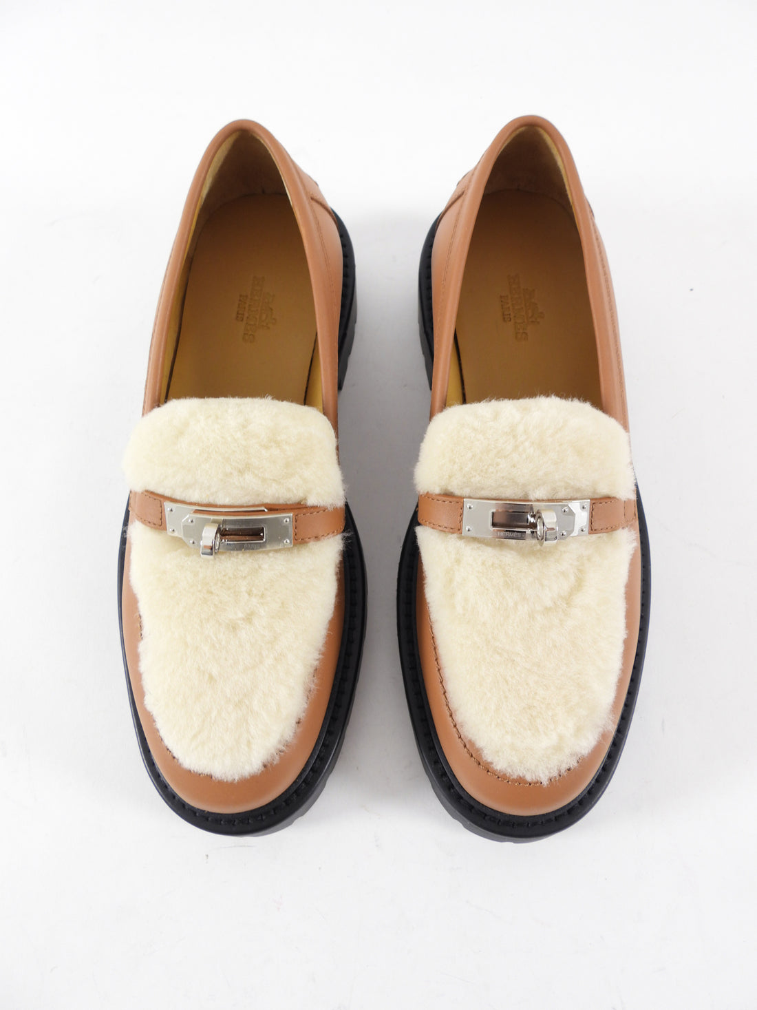 Hermes Tan Icone Shearling Kelly Loafer Shoes - 37