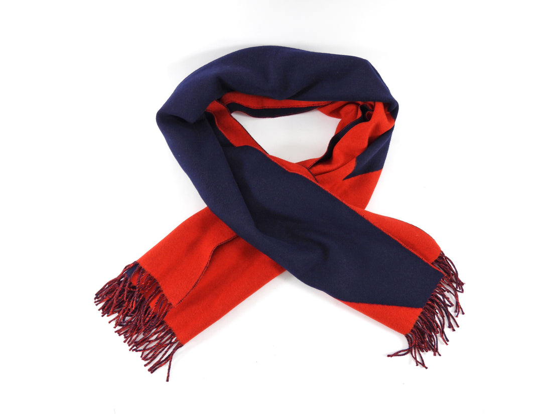 Hermes Navy and Red Cashmere Kazak Geometric Fringe Scarf