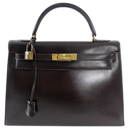 Hermes Vintage 1978 Kelly 32cm Sellier Dark Brown Box Leather Bag GHW