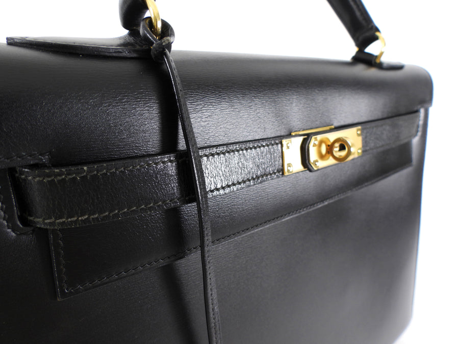 Hermes Vintage 1979 Black Box Calf Leather Sellier Kelly 32 Bag