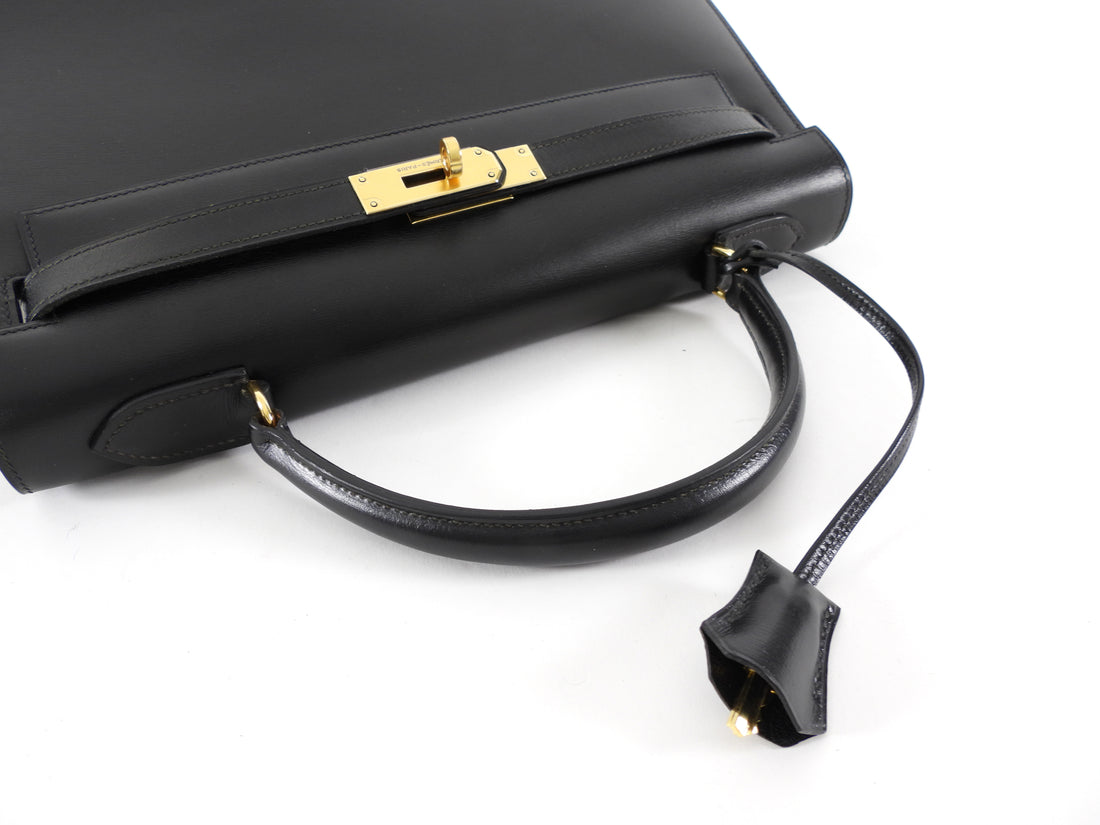 Hermes Vintage 1979 Black Box Calf Leather Sellier Kelly 32 Bag