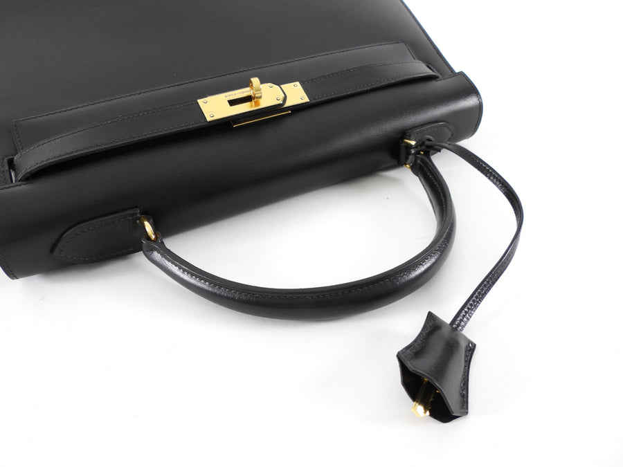 Hermes Vintage 1979 Black Box Calf Leather Sellier Kelly 32 Bag